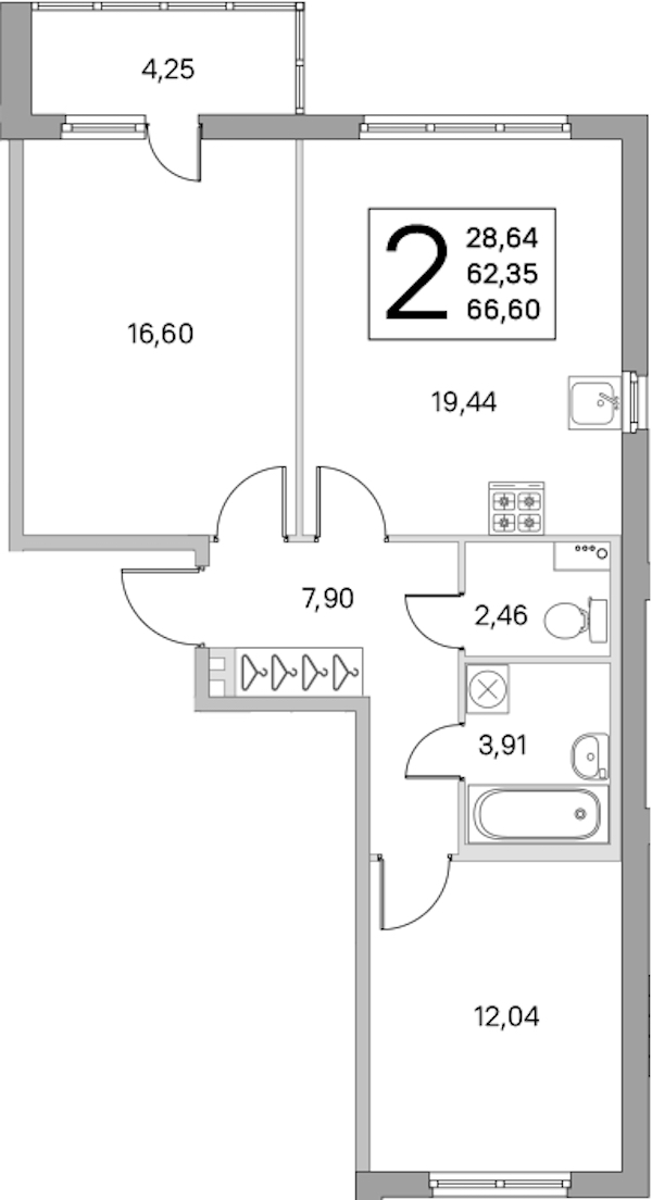 2-комнатная квартира 62.35 м², 1/8 эт., ЖК «Ясно.Янино»