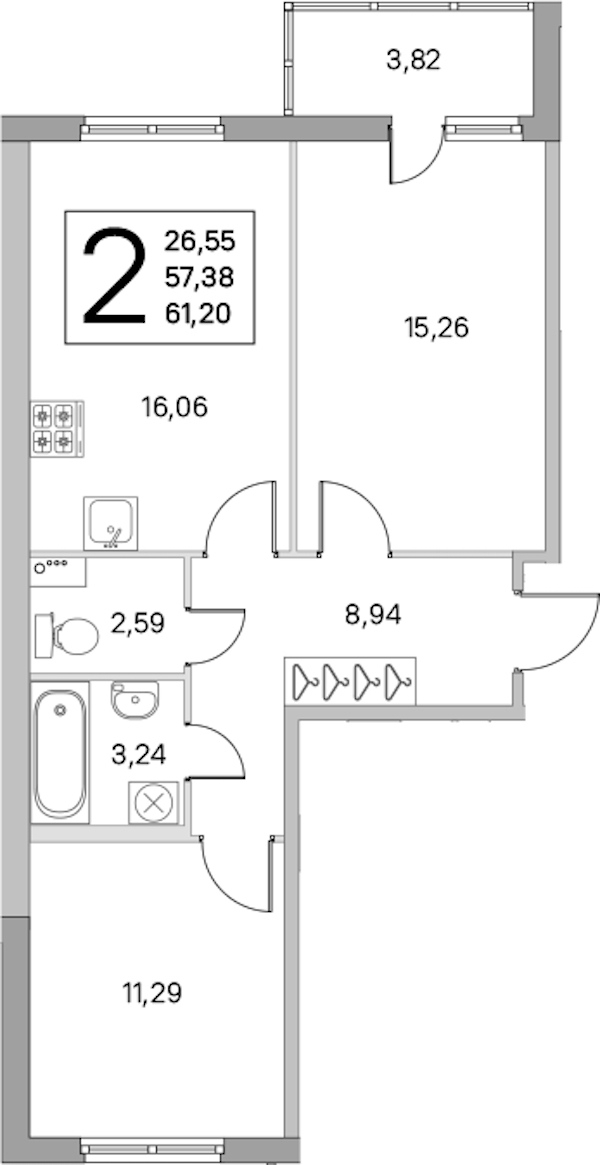 2-комнатная квартира 57.38 м², 1/8 эт., ЖК «Ясно.Янино»