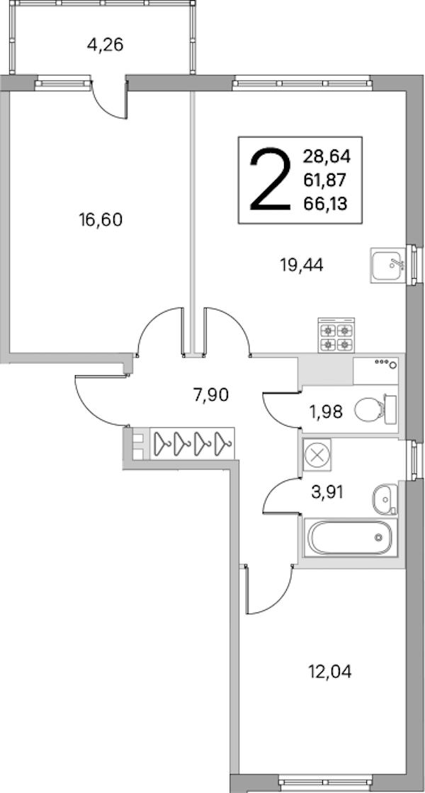 2-комнатная квартира 61.87 м², 2/8 эт., ЖК «Ясно.Янино»