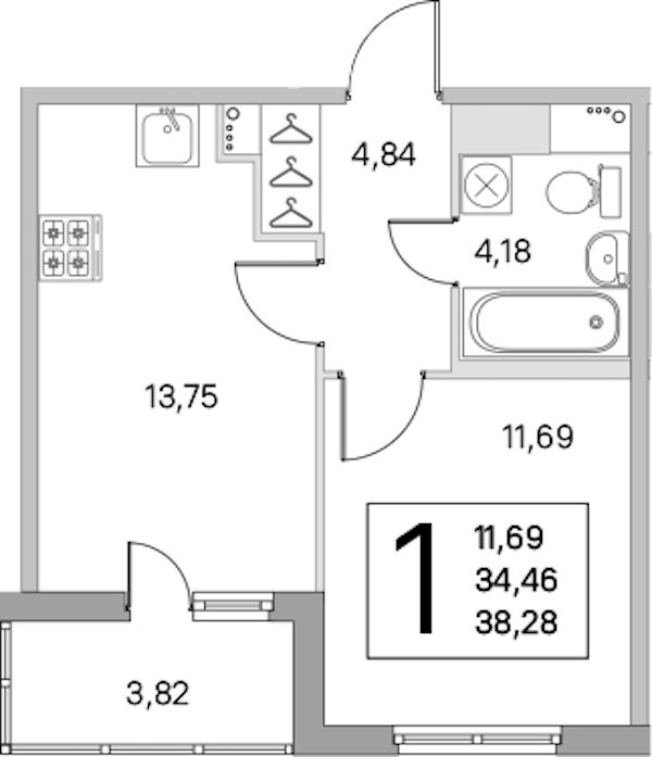 1-комнатная квартира 34.46 м², 7/8 эт., ЖК «Ясно.Янино»