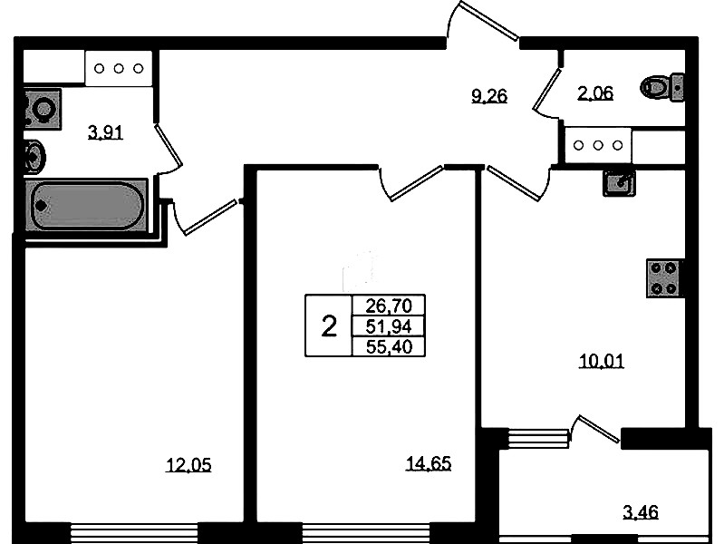 2-комнатная квартира 51.94 м², 4/8 эт., ЖК «Ясно.Янино»