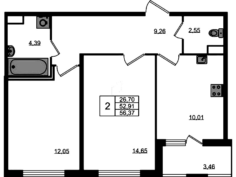 2-комнатная квартира 52.91 м², 1/8 эт., ЖК «Ясно.Янино»