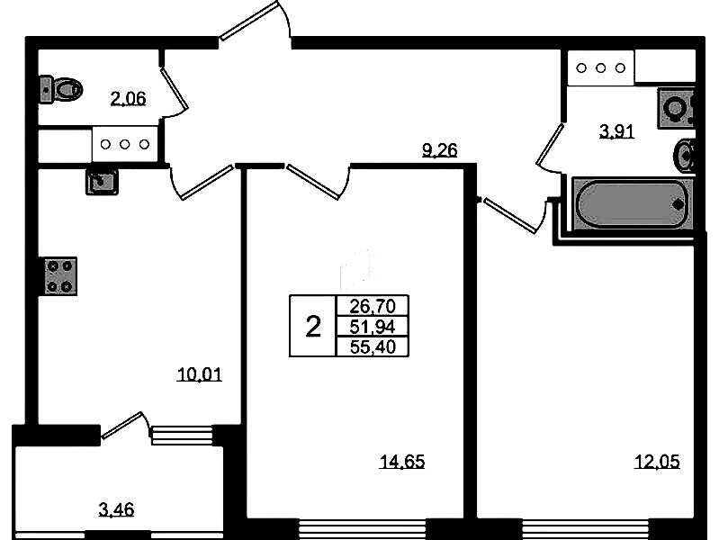 2-комнатная квартира 51.94 м², 7/8 эт., ЖК «Ясно.Янино»
