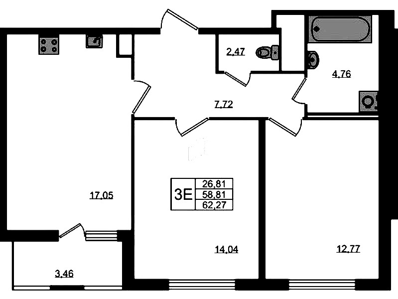 2-комнатная квартира 58.81 м², 1/8 эт., ЖК «Ясно.Янино»