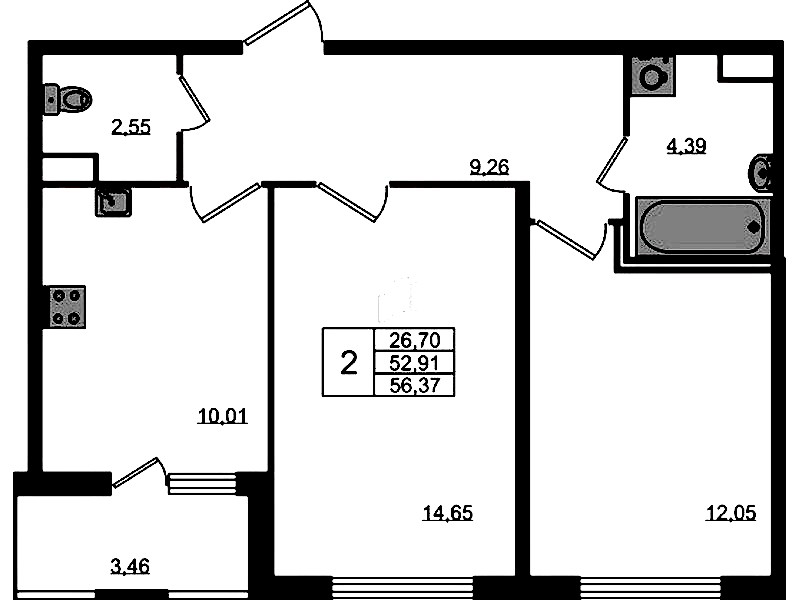 2-комнатная квартира 52.91 м², 1/8 эт., ЖК «Ясно.Янино»