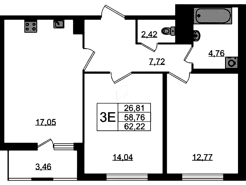 2-комнатная квартира 58.76 м², 1/8 эт., ЖК «Ясно.Янино»