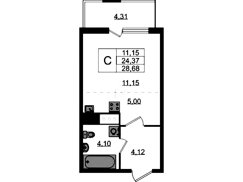 Квартира студия 24.37 м², 4/8 эт., ЖК «Ясно.Янино»