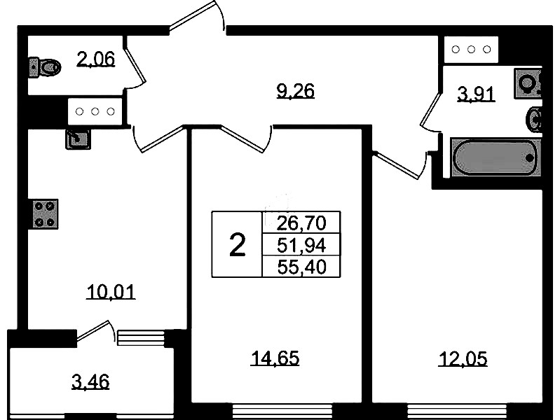 2-комнатная квартира 51.94 м², 5/8 эт., ЖК «Ясно.Янино»