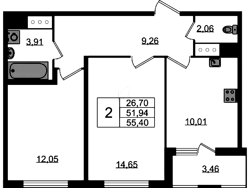 2-комнатная квартира 51.94 м², 6/8 эт., ЖК «Ясно.Янино»
