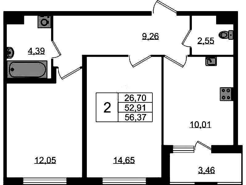 2-комнатная квартира 52.91 м², 1/8 эт., ЖК «Ясно.Янино»