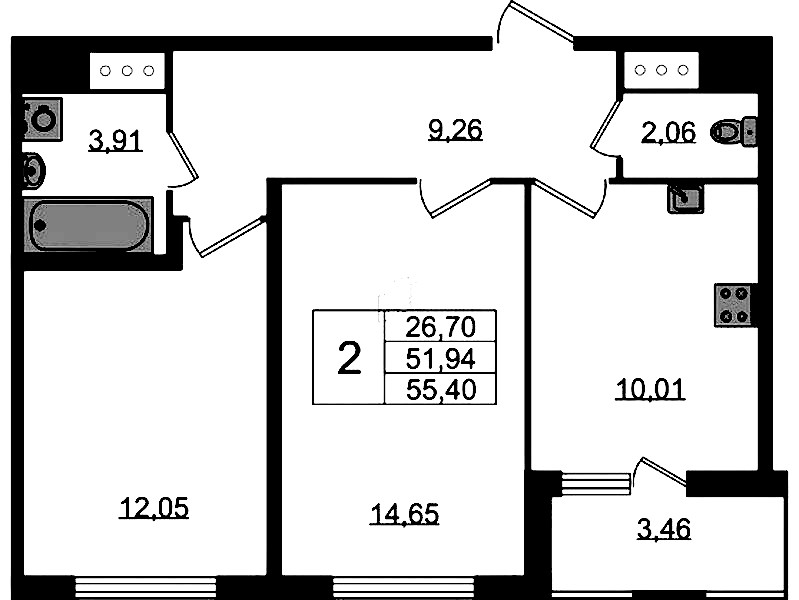 2-комнатная квартира 51.94 м², 3/8 эт., ЖК «Ясно.Янино»