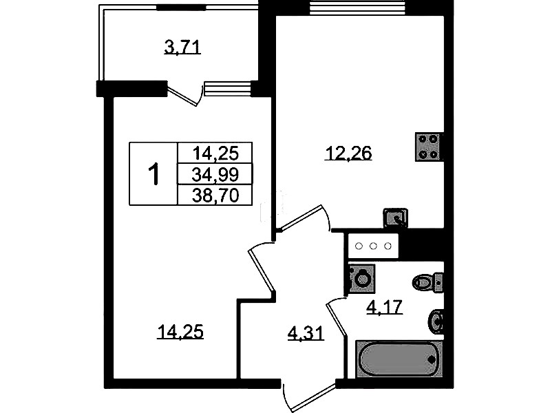 1-комнатная квартира 34.99 м², 3/8 эт., ЖК «Ясно.Янино»