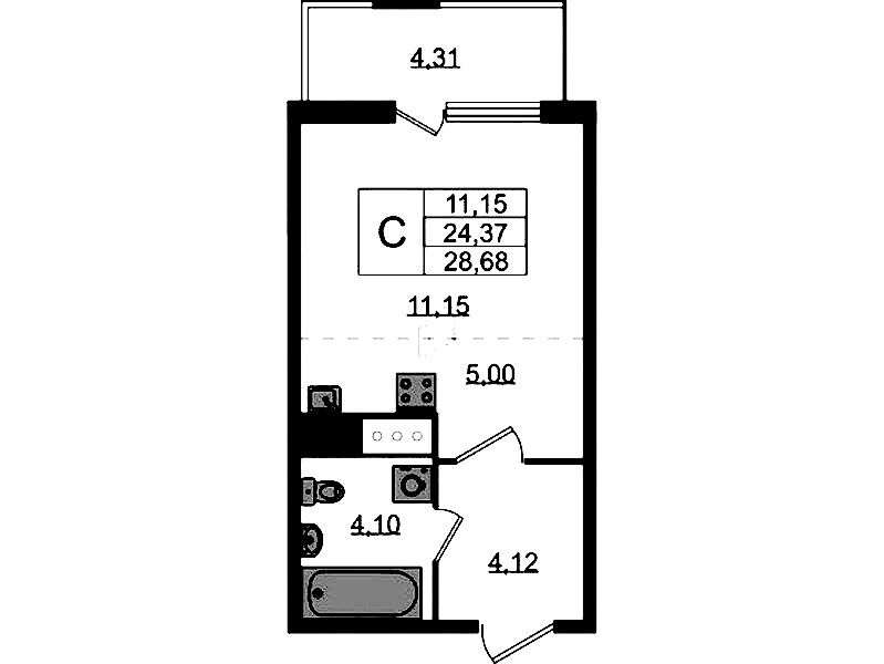 Квартира студия 24.37 м², 6/8 эт., ЖК «Ясно.Янино»
