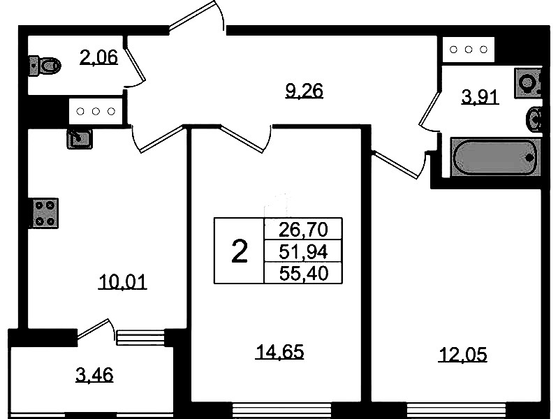 2-комнатная квартира 51.94 м², 7/8 эт., ЖК «Ясно.Янино»