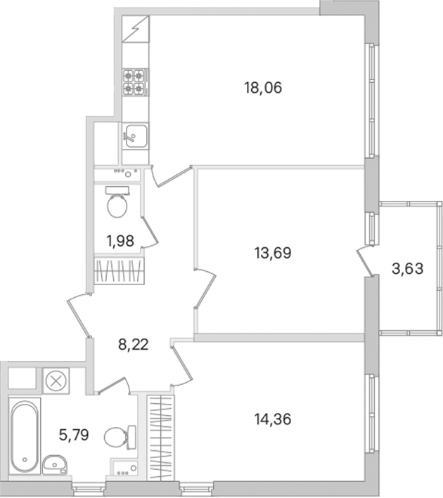 2-комнатная квартира 62.1 м², 2/8 эт., ЖК «Ясно.Янино»