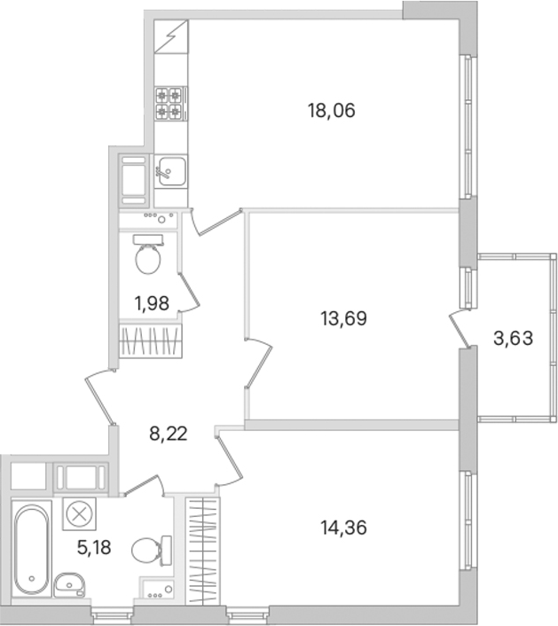 2-комнатная квартира 61.49 м², 6/8 эт., ЖК «Ясно.Янино»