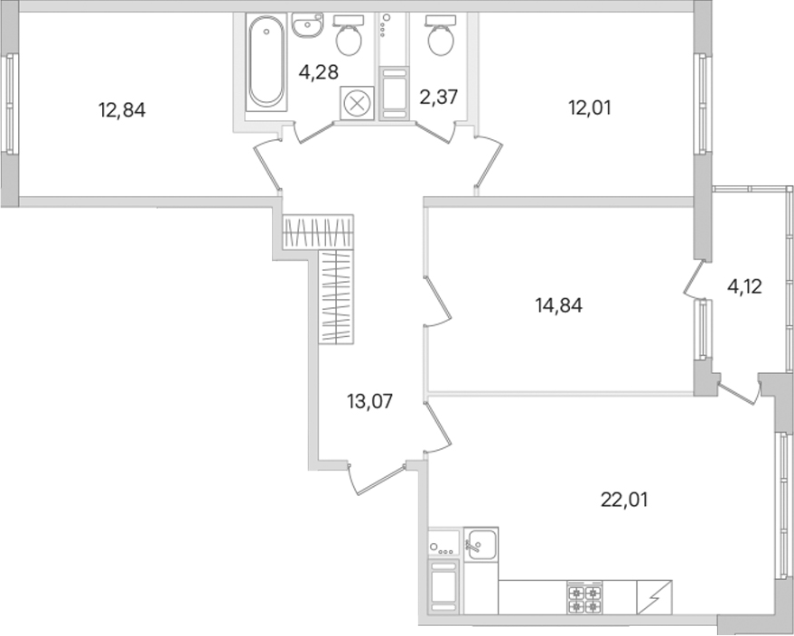 3-комнатная квартира 81.42 м², 7/8 эт., ЖК «Ясно.Янино»