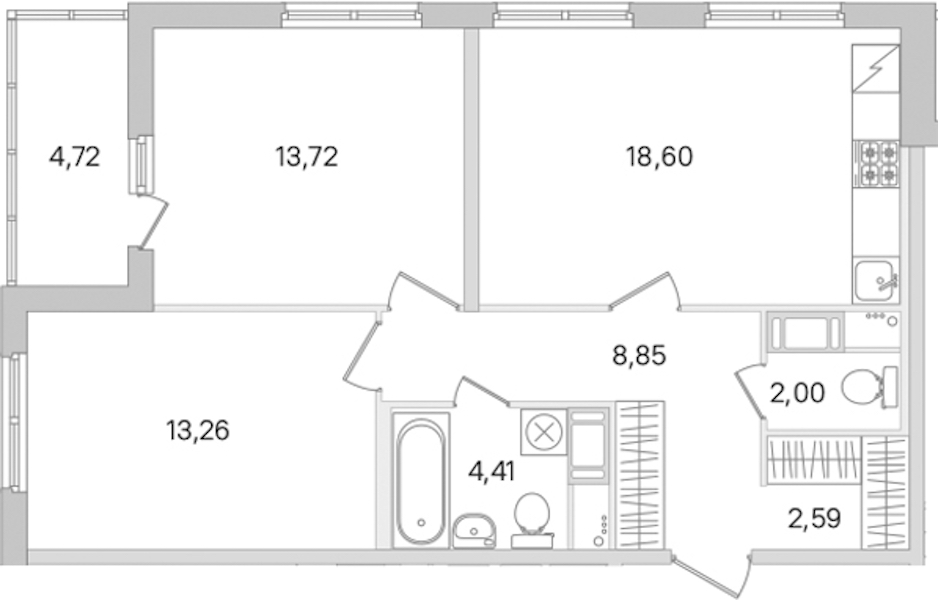 2-комнатная квартира 63.43 м², 8/8 эт., ЖК «Ясно.Янино»