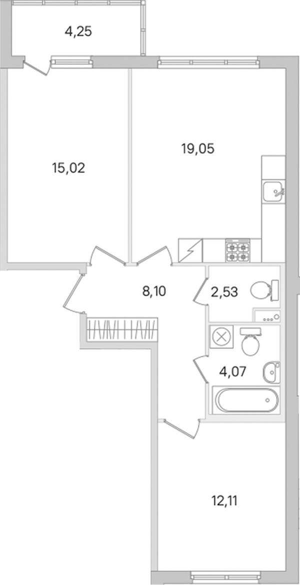 2-комнатная квартира 60.88 м², 1/8 эт., ЖК «Ясно.Янино»