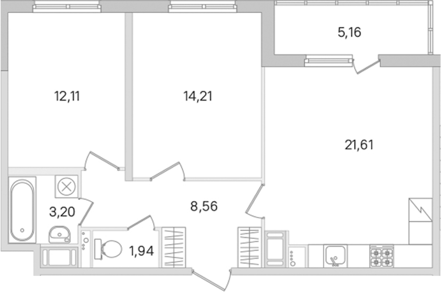 2-комнатная квартира 61.63 м², 2/8 эт., ЖК «Ясно.Янино»