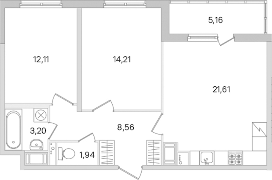2-комнатная квартира 61.63 м², 3/8 эт., ЖК «Ясно.Янино»