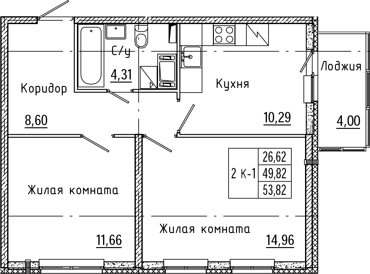 2-комнатная квартира 51.82 м², 4/8 эт., ЖК «Ясно.Янино»