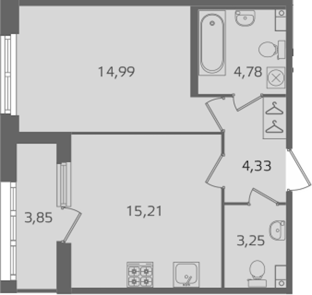 1-комнатная квартира 42.56 м², 2/15 эт., ЖК «Б15»