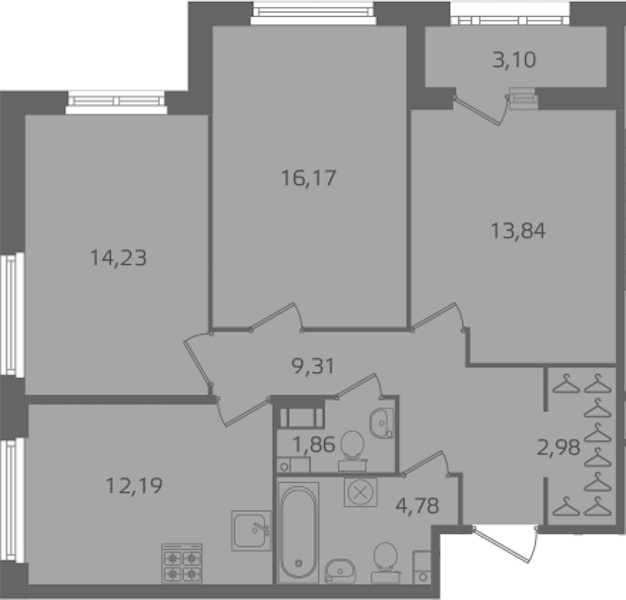 3-комнатная квартира 75.36 м², 9/17 эт., ЖК «Б15»