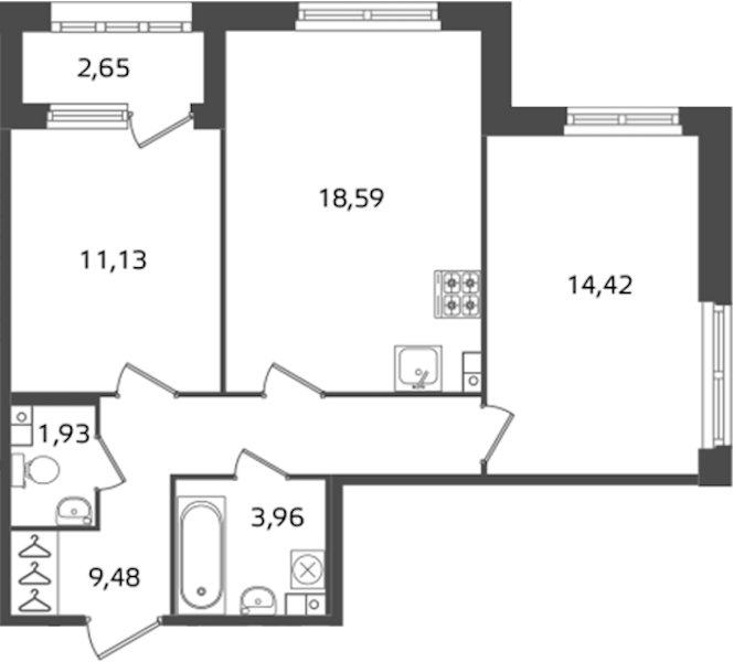 2-комнатная квартира 59.51 м², 3/17 эт., ЖК «Б15»
