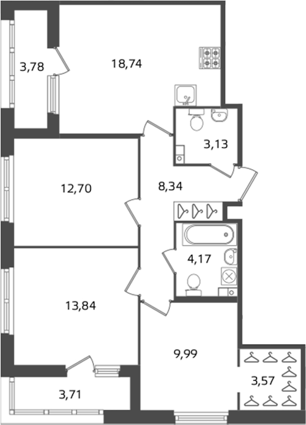 3-комнатная квартира 74.48 м², 3/17 эт., ЖК «Б15»