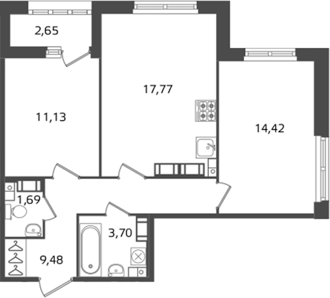 2-комнатная квартира 58.19 м², 14/17 эт., ЖК «Б15»