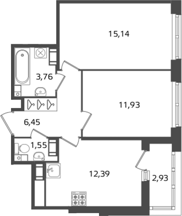2-комнатная квартира 51.22 м², 13/17 эт., ЖК «Б15»