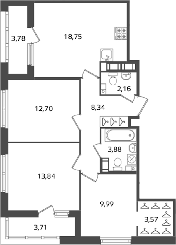3-комнатная квартира 73.23 м², 14/17 эт., ЖК «Б15»