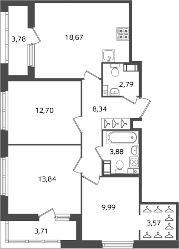 3-комнатная квартира 73.78 м², 9/17 эт., ЖК «Б15»