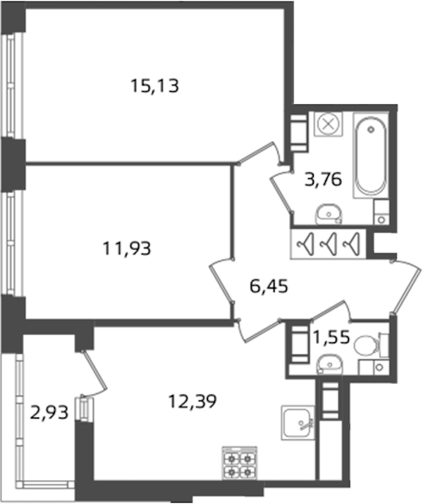 2-комнатная квартира 51.21 м², 13/17 эт., ЖК «Б15»
