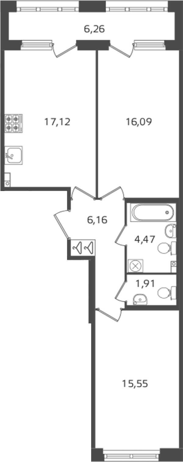 2-комнатная квартира 61.3 м², 3/16 эт., ЖК «Б15»