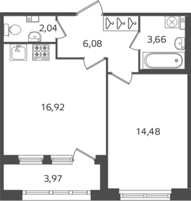 1-комнатная квартира 43.18 м², 3/16 эт., ЖК «Б15»