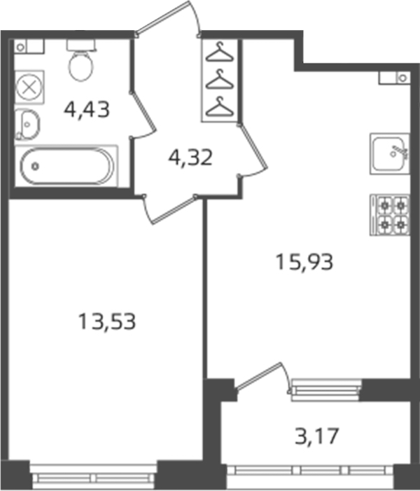 1-комнатная квартира 38.21 м², 3/16 эт., ЖК «Б15»