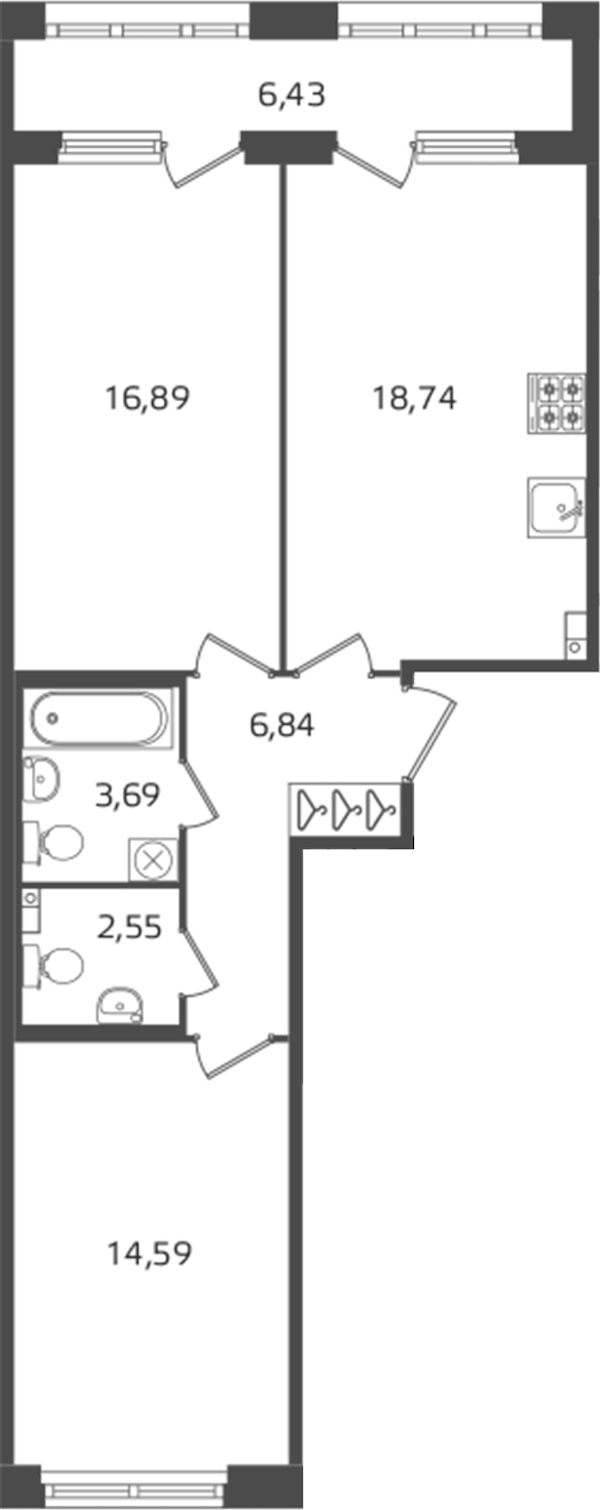 2-комнатная квартира 63.3 м², 3/16 эт., ЖК «Б15»