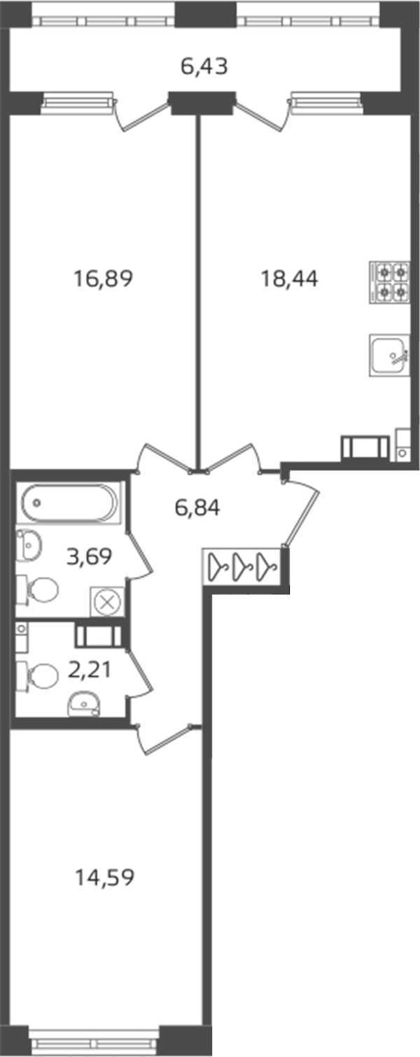 2-комнатная квартира 62.66 м², 6/16 эт., ЖК «Б15»