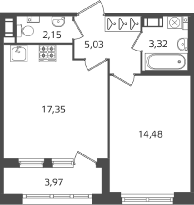 1-комнатная квартира 42.33 м², 9/16 эт., ЖК «Б15»