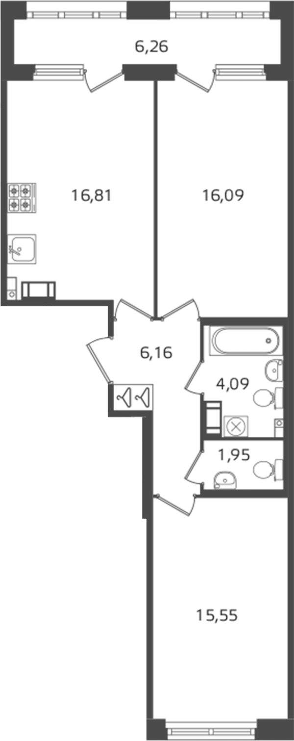 2-комнатная квартира 60.65 м², 10/16 эт., ЖК «Б15»