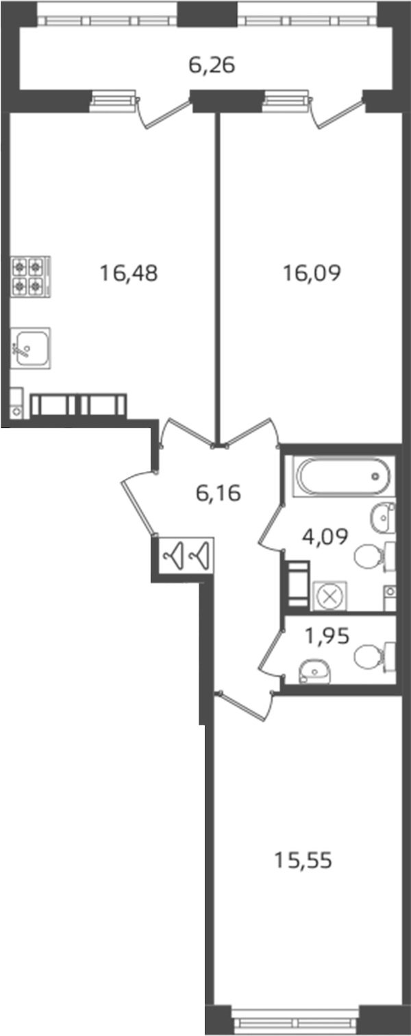 2-комнатная квартира 60.32 м², 13/16 эт., ЖК «Б15»