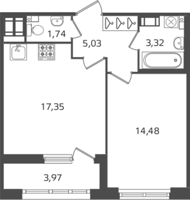 1-комнатная квартира 41.92 м², 14/16 эт., ЖК «Б15»