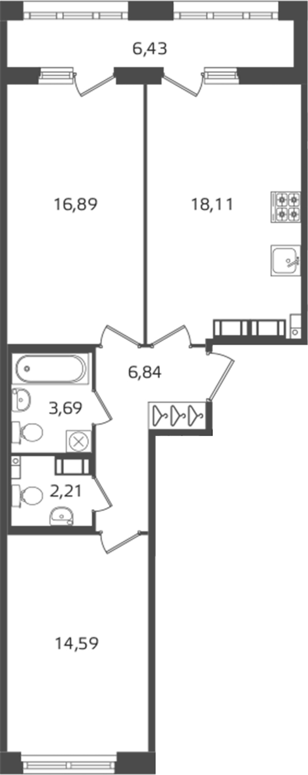 2-комнатная квартира 62.33 м², 14/16 эт., ЖК «Б15»
