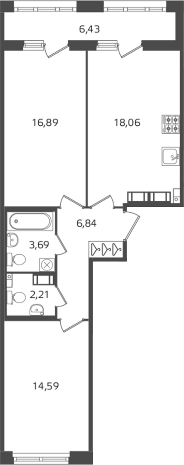 2-комнатная квартира 62.29 м², 16/16 эт., ЖК «Б15»