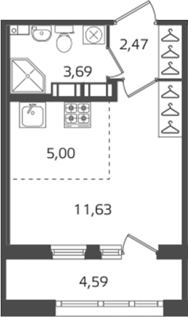 Квартира студия 22.79 м², 13/16 эт., ЖК «Б15»