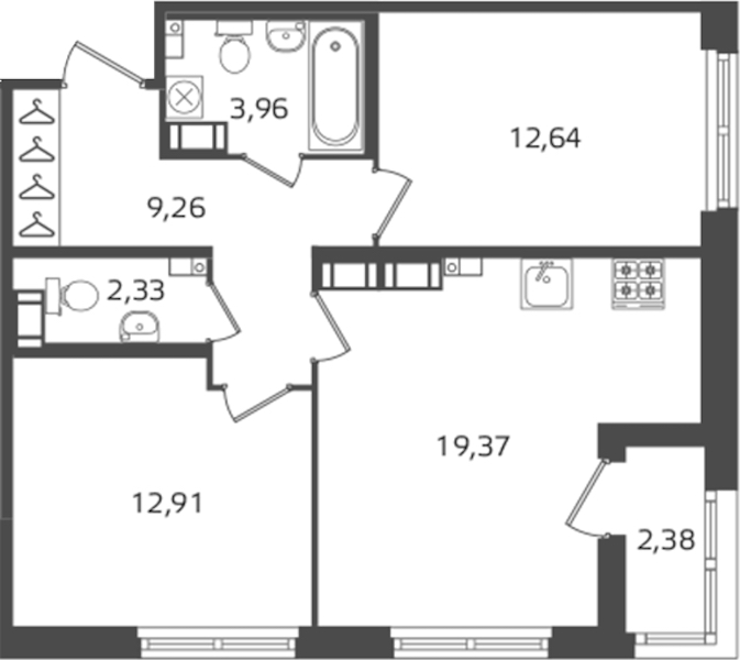 2-комнатная квартира 60.47 м², 14/16 эт., ЖК «Б15»