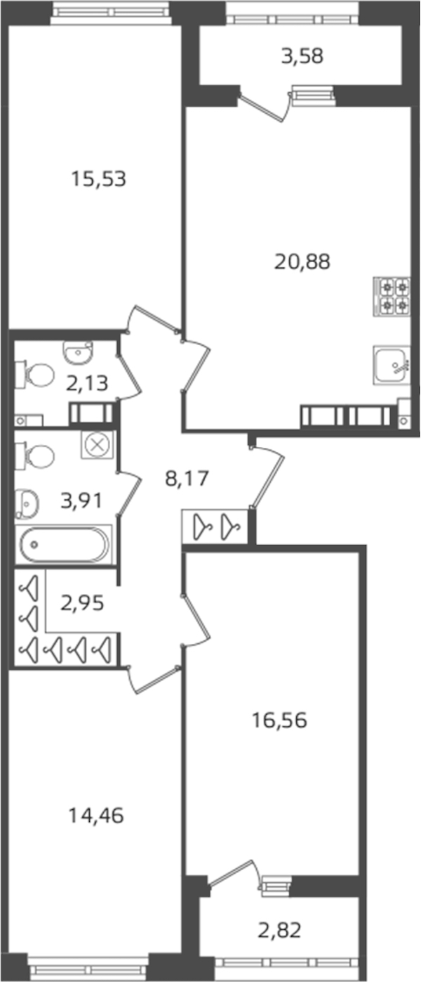 3-комнатная квартира 84.59 м², 14/16 эт., ЖК «Б15»