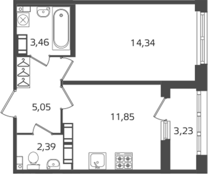 1-комнатная квартира 37.09 м², 15/16 эт., ЖК «Б15»